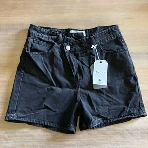 Flying Angel Asymmetric Cross Button Denim Shorts in Black, Size 9/29, NWT